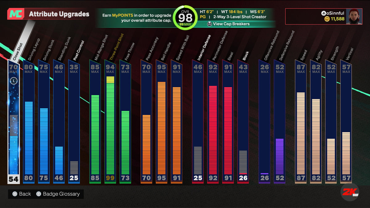 NBA 2K25 Stacked Starter 5 Account with 5 97-99 Overalls Maxed Badges