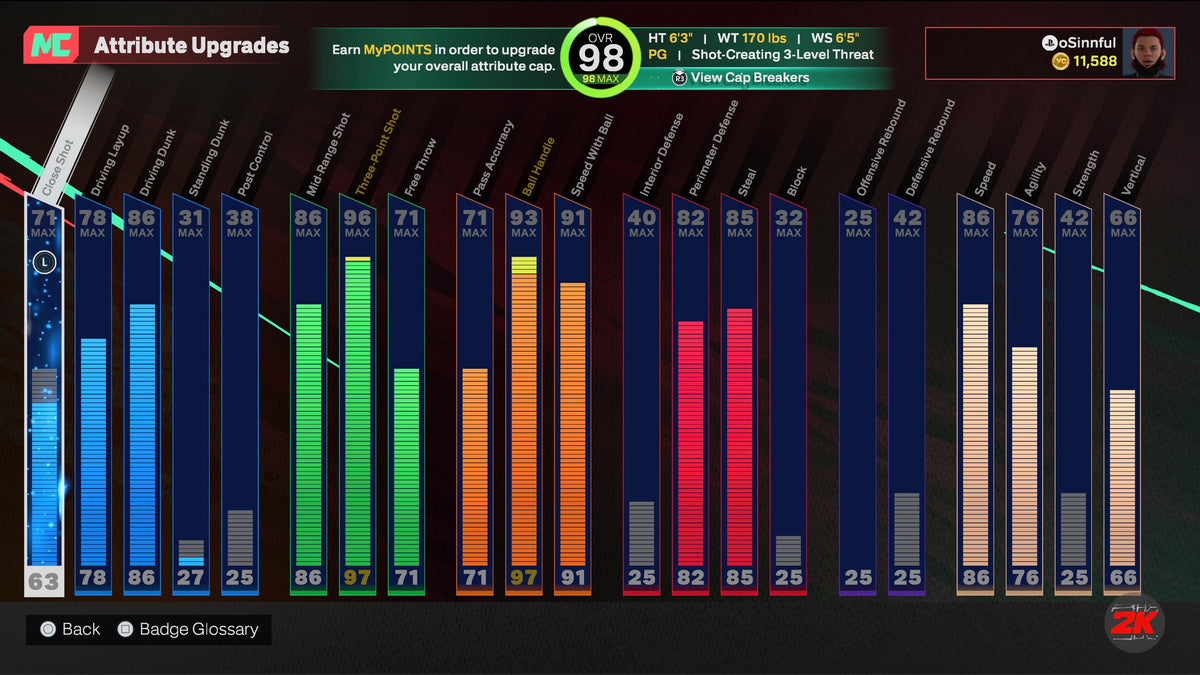 NBA 2K25 Stacked Starter 5 Account with 5 97-99 Overalls Maxed Badges