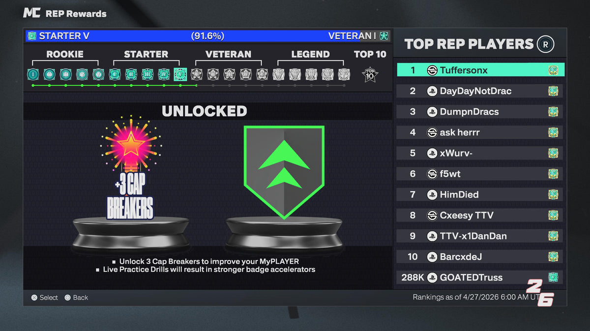 NBA 2K26 Super Stacked PS5 Starter 5 Account 90% To Veteran 1 with 7 99 Overalls + 18 Cap Breakers