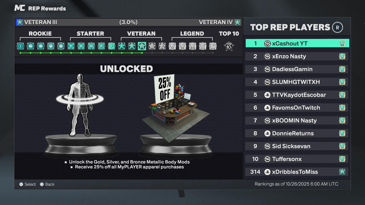 NBA 2K26 Super Stacked Veteran 3 Account 7 99 Overalls Maxed + 17 Cap Breakers & Top 400 in the world